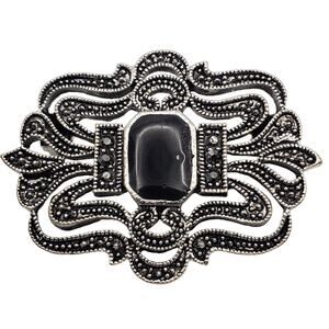 Black Enamel Silver Tone Brooch Faux Marcasite Pin Vintage 1970s Jewelry